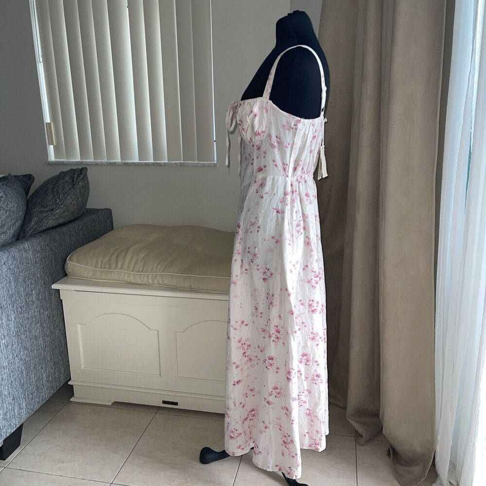 Sim Sam Babydoll Dress Pink Floral Milkmaid Coquette Linen Fairy Cottagecore L - Picture 4 of 9
